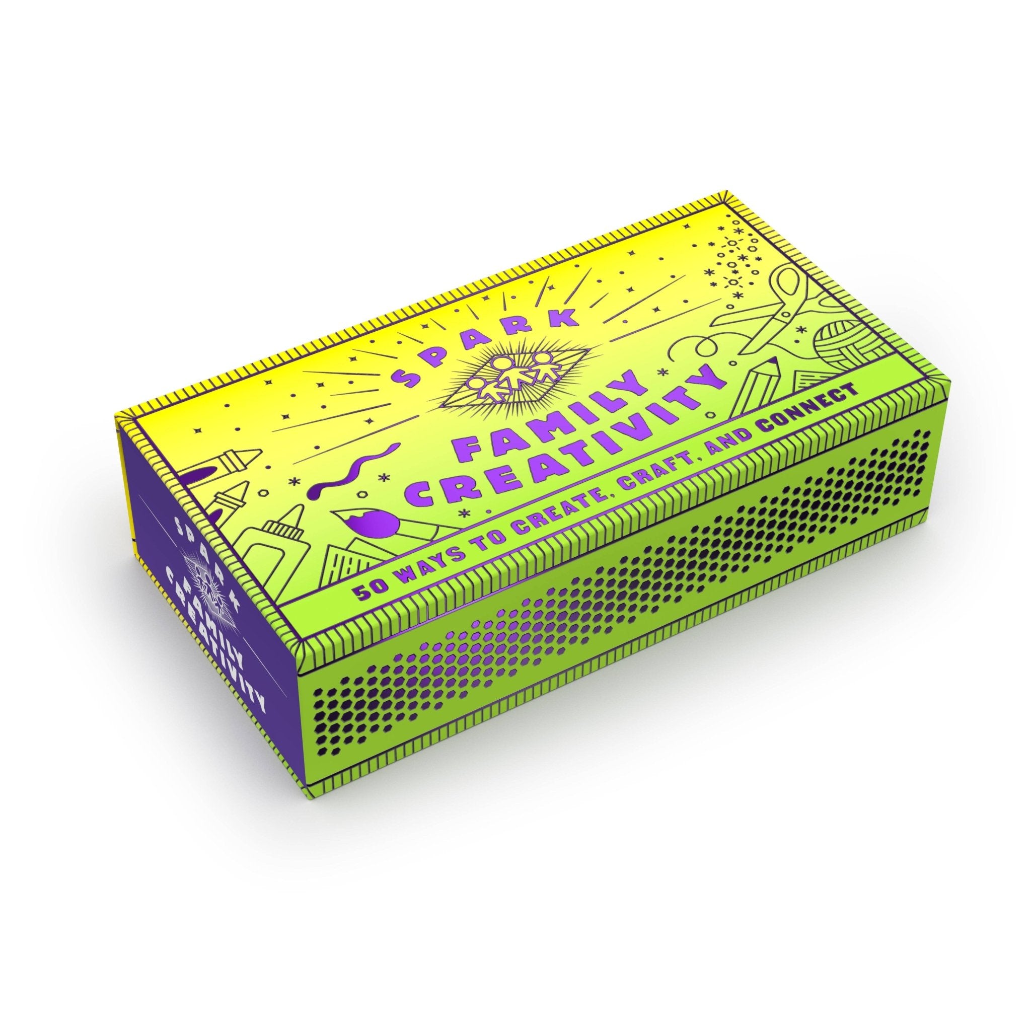 Spark Family Creativity box, a set of 50 ways to create, craft and connect with family. Yellow and green packaging with purple accents.