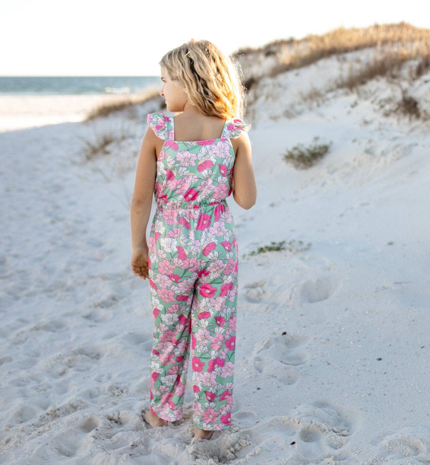 Kids Mint & Pink Flower Button Ruffle Summer Pocket Jumpsuit - Foxy’s