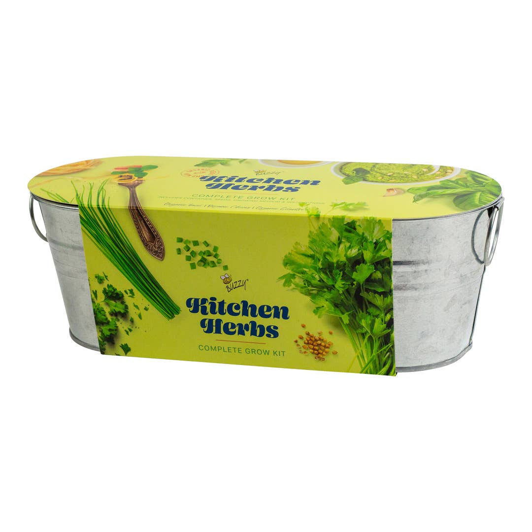Buzzy Kitchen Herbs Complete Grow Kit in a metal container.
