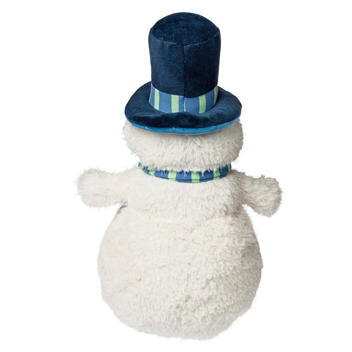 A plush snowman decoration with a fluffy white body, wearing a dark blue top hat with a light blue and green striped band and a matching striped neck scarf, shown against a plain white background.