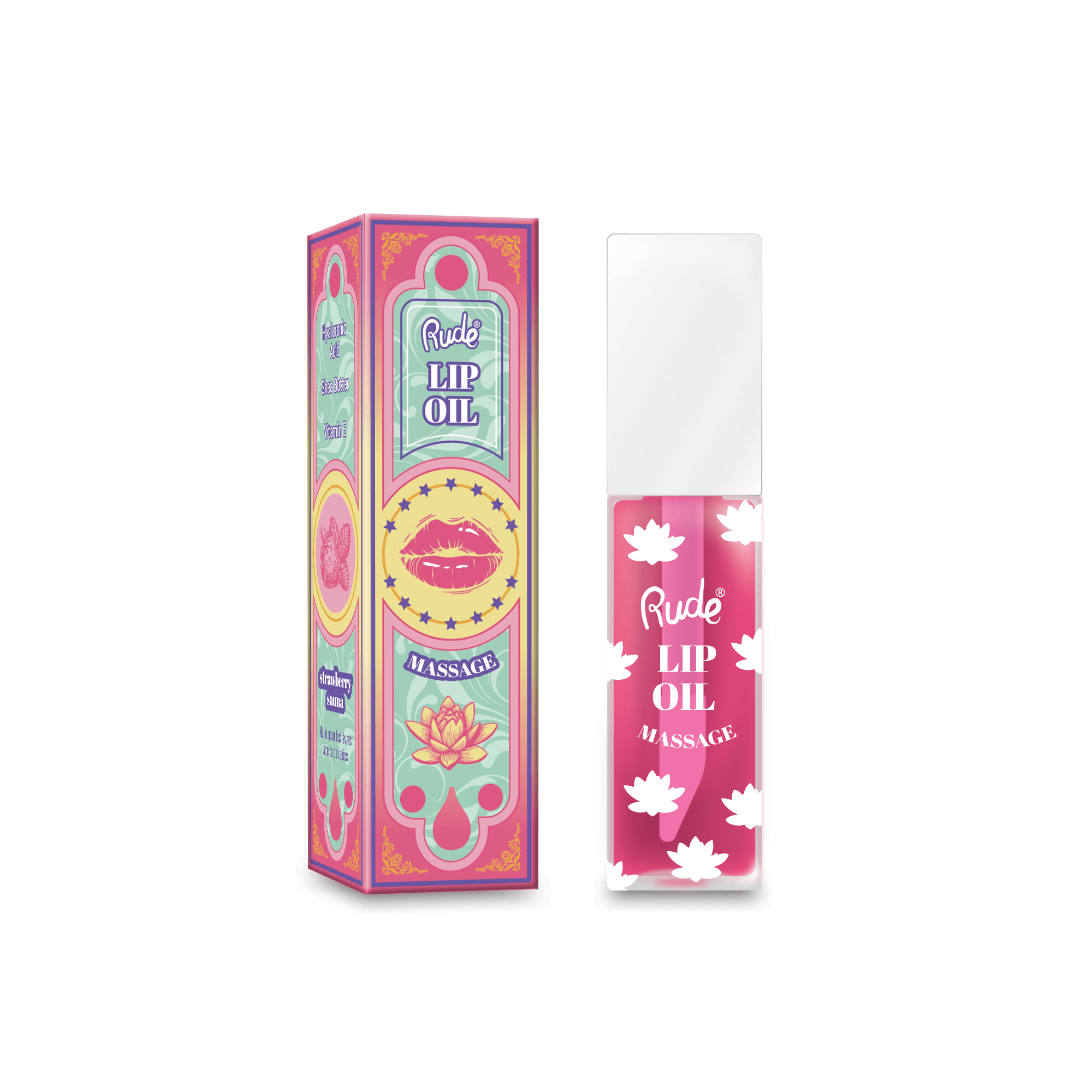 Rude Lip Oil packaging with colorful design on a white background