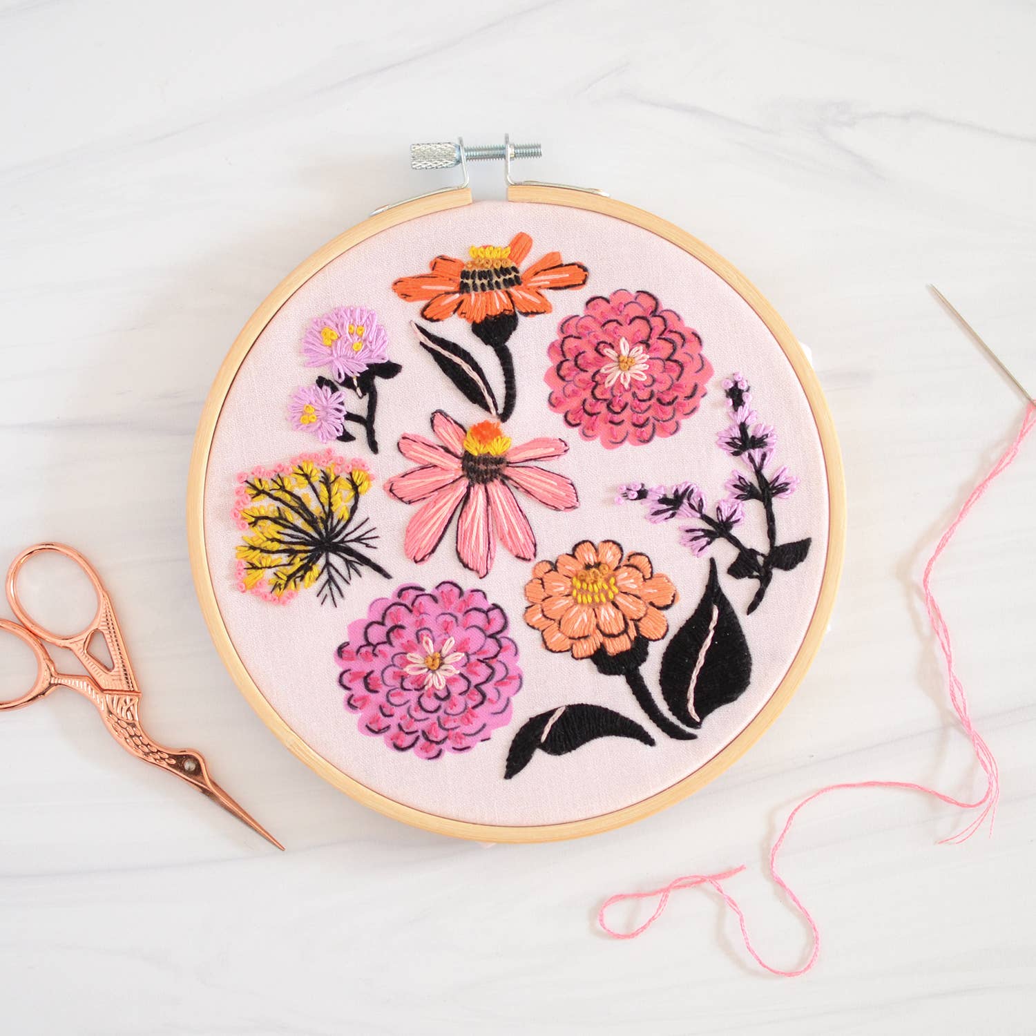 Zinnia Sampler Premium Embroidery Kit, 6 inch - Foxy’s