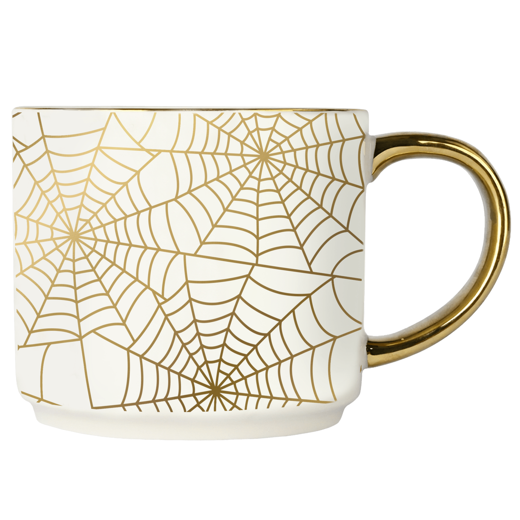 Mug with gold spider web pattern on a white background