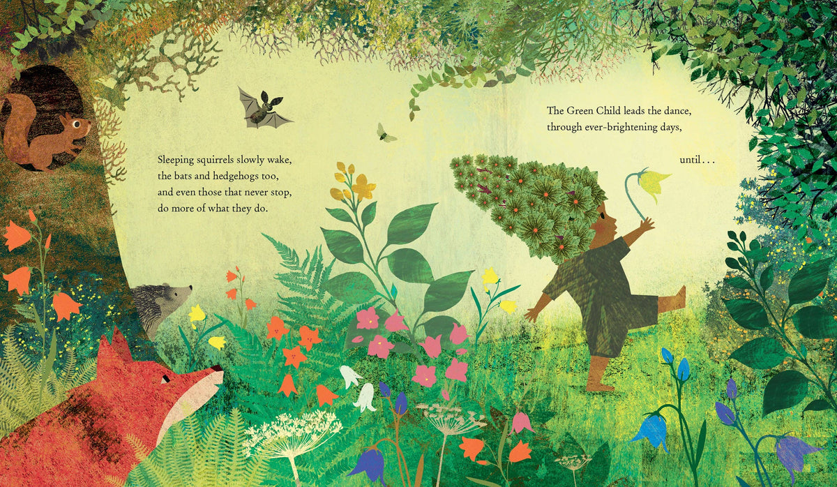 A whimsical illustrated children's book page with a forest scene, text, and a child holding a flower. The page shows a fox, hedgehog, squirrel, bird, butterflies, and colorful wildflowers in green foliage, with the child dancing through the meadow.