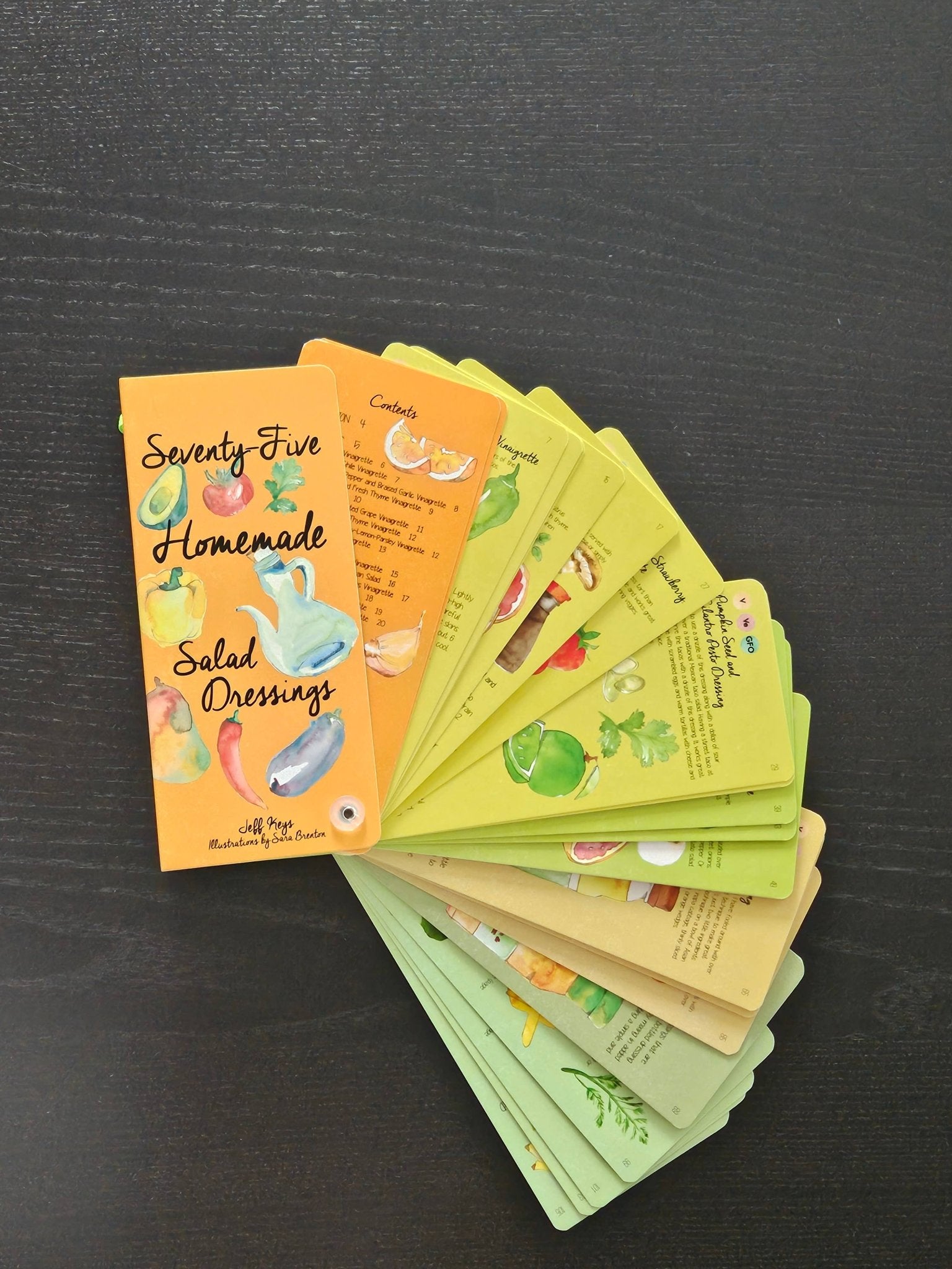 Seventy-Five Homemade Salad Dressings recipe book featuring fresh ingredient illustrations on the cover.