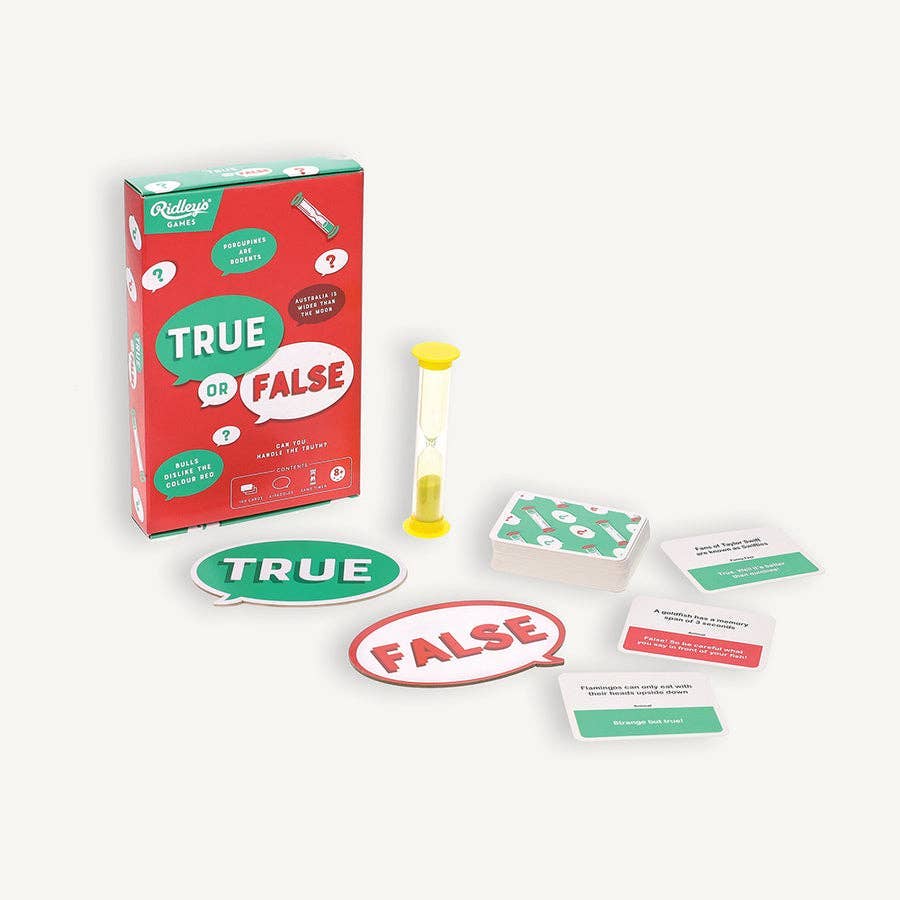 Ridley's True or False trivia game set with red box, hourglass timer, question cards, and TRUE/FALSE paddles.