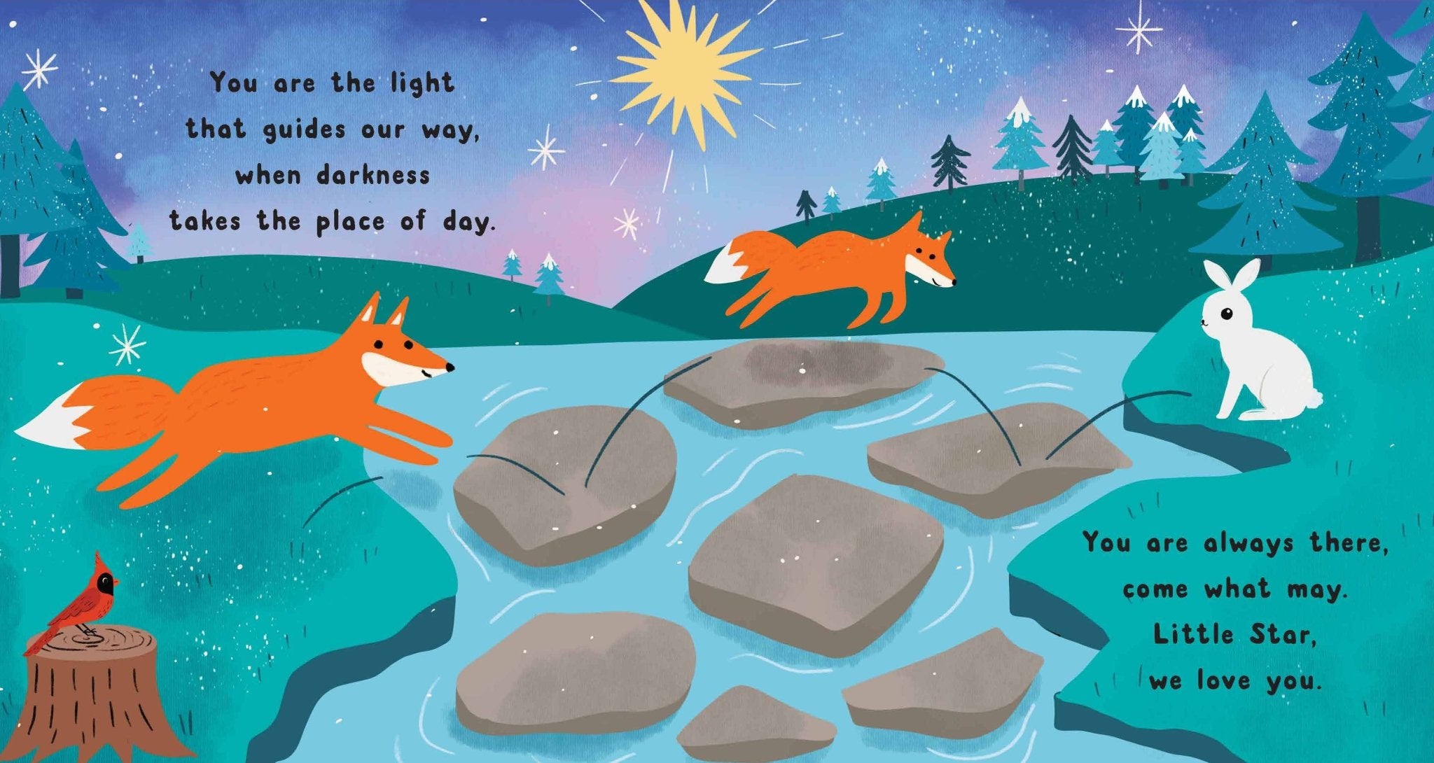Illustration of woodland animals including foxes, a rabbit, and a cardinal by a stream.