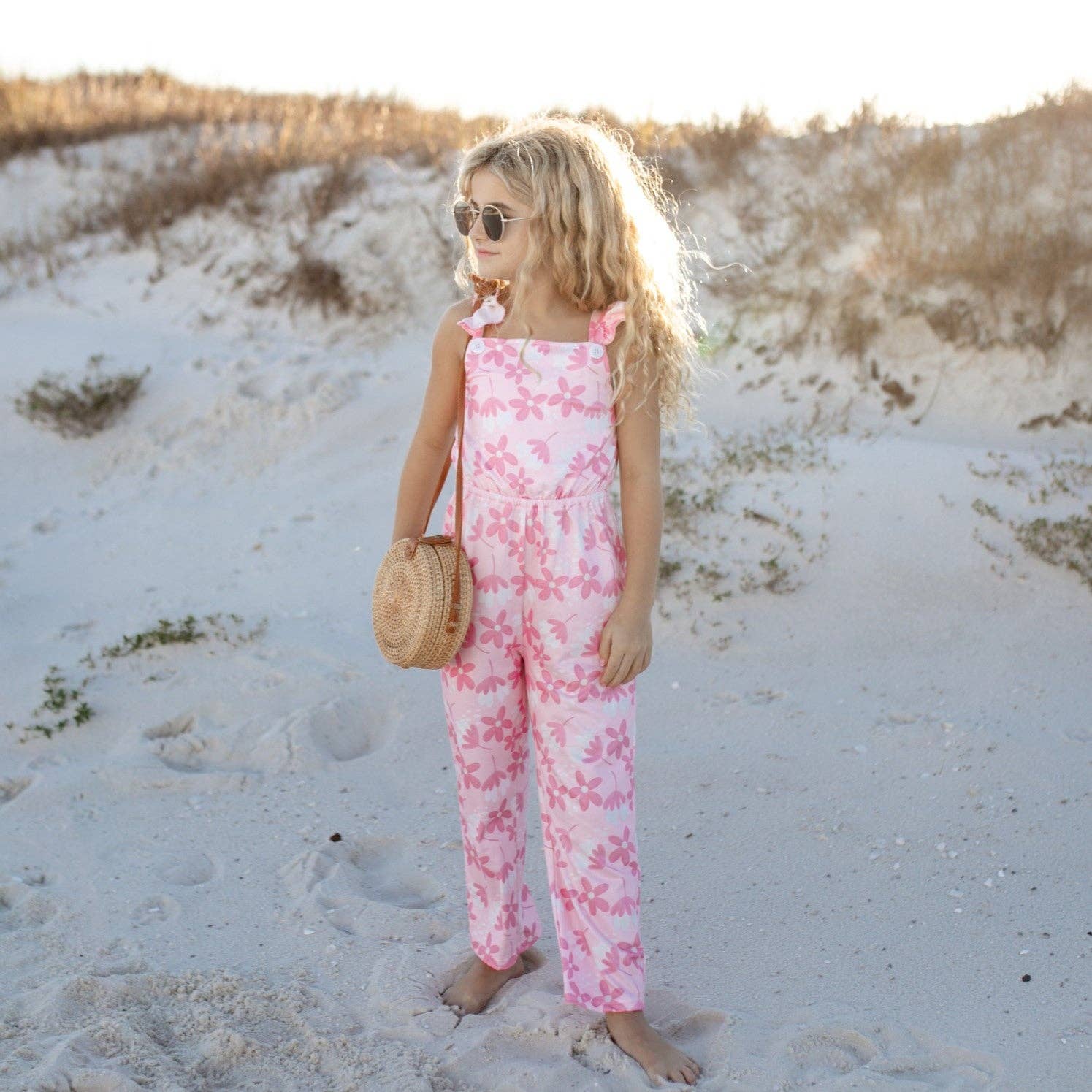 Kids Pink White Floral Button Ruffle Summer Pocket Jumpsuit - Foxy’s