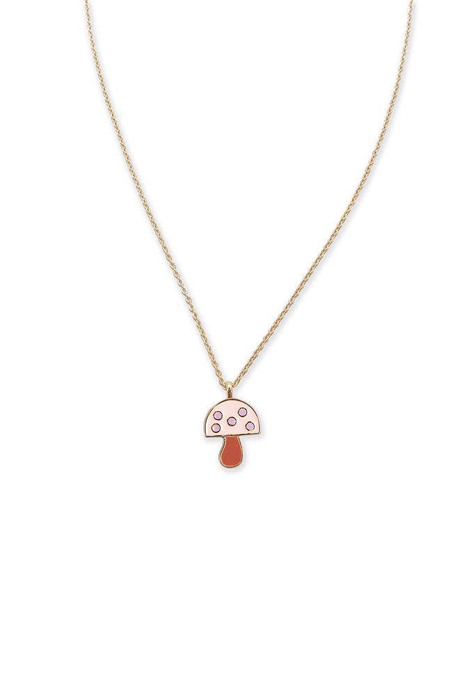 Gold necklace with a pink and brown enamel mushroom pendant.