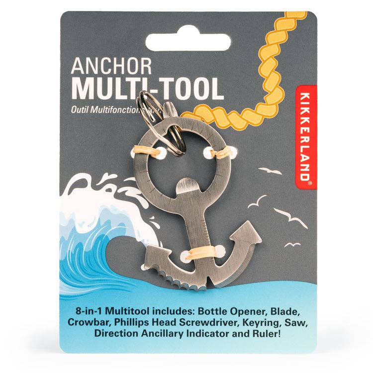 Kikkerland Anchor Multi-Tool, 8-in-1 gadget: bottle opener, blade, crowbar, screwdriver, keyring, saw, ruler, and direction indicator.