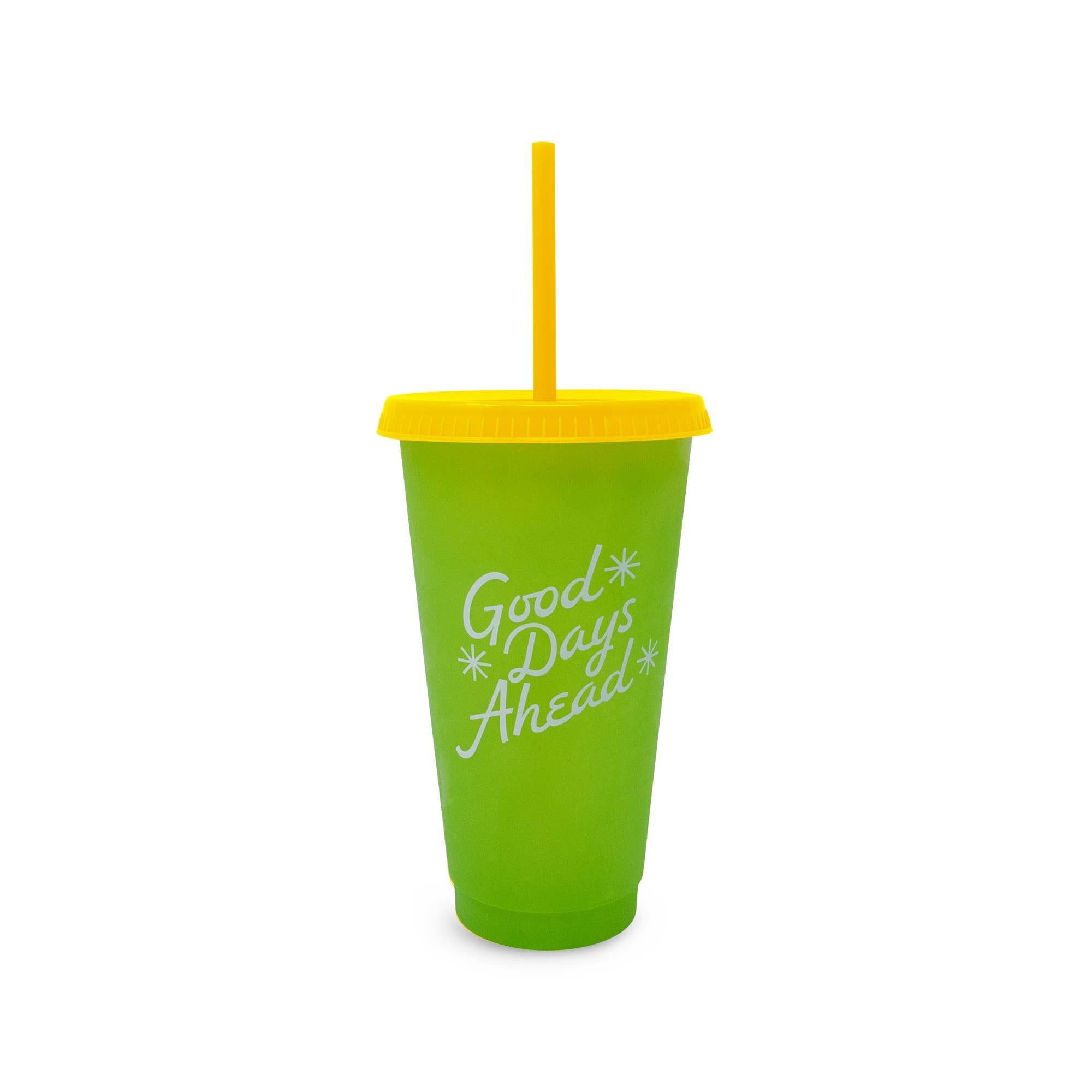 Green reusable cup with yellow lid and straw. The cup reads: Good Days Ahead.