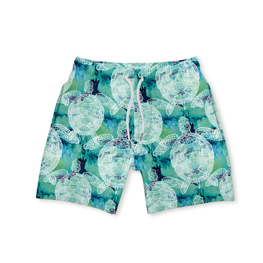 Men's swim trunks with a white sea turtle pattern on a blue and green background.