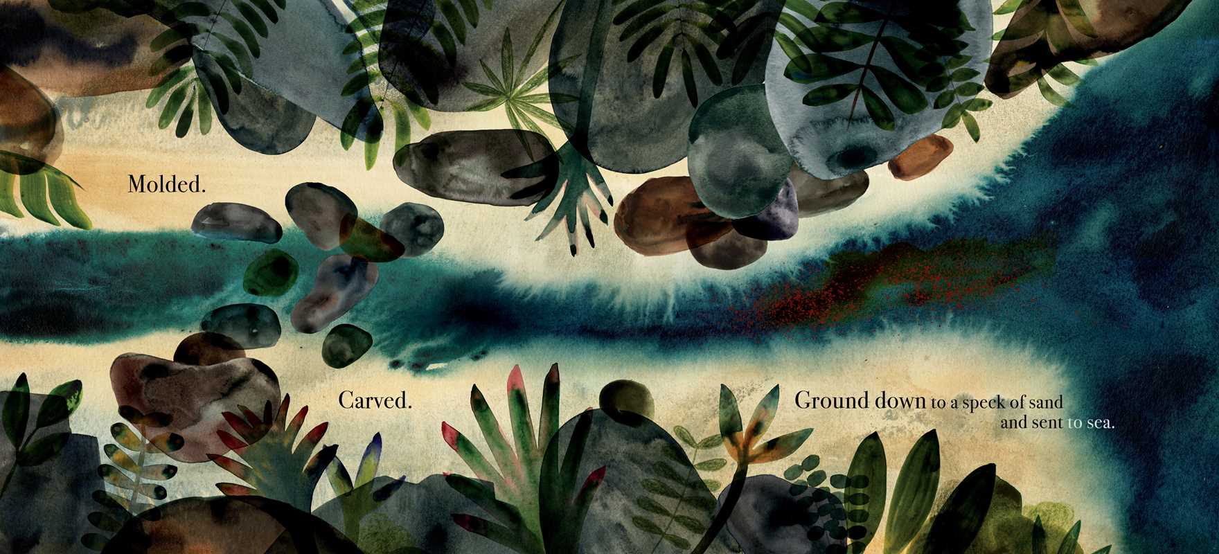 Artistic depiction of rocks and plants with text overlay on a watercolor background