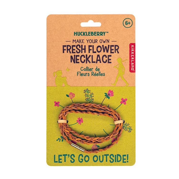 Huckleberry Make Your Own Fresh Flower Necklace kit for ages 6+ by Kikkerland. Braided cord shown on packaging.