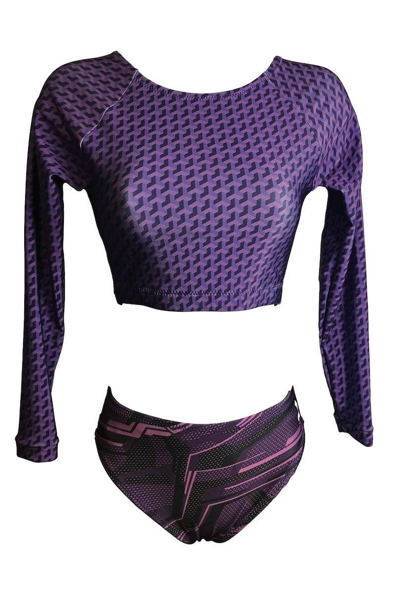 Girl's Purple Geometric Surfkini Set - Foxy's Leotards - Comfortable & Flexible Swimwear - Foxy’s