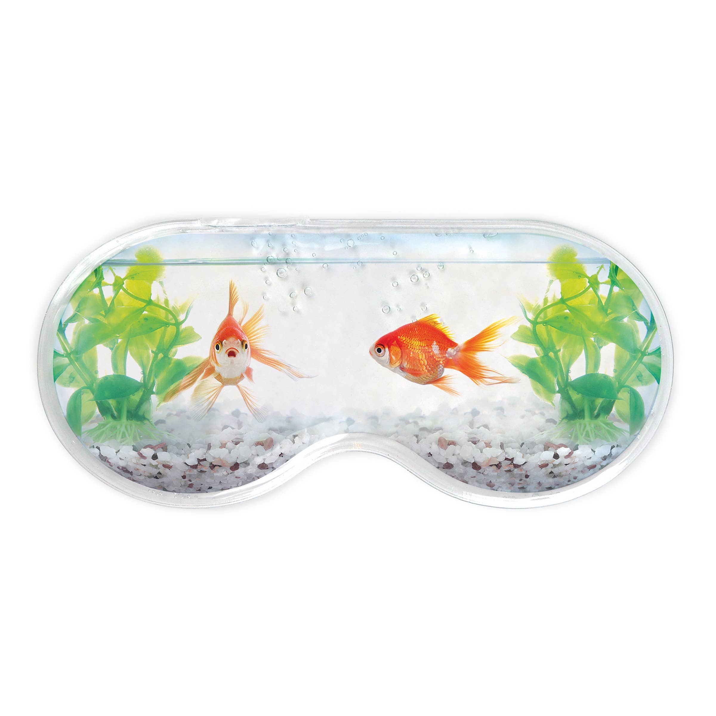 Aquarium sleep mask with two orange goldfish, green plants, and white gravel design