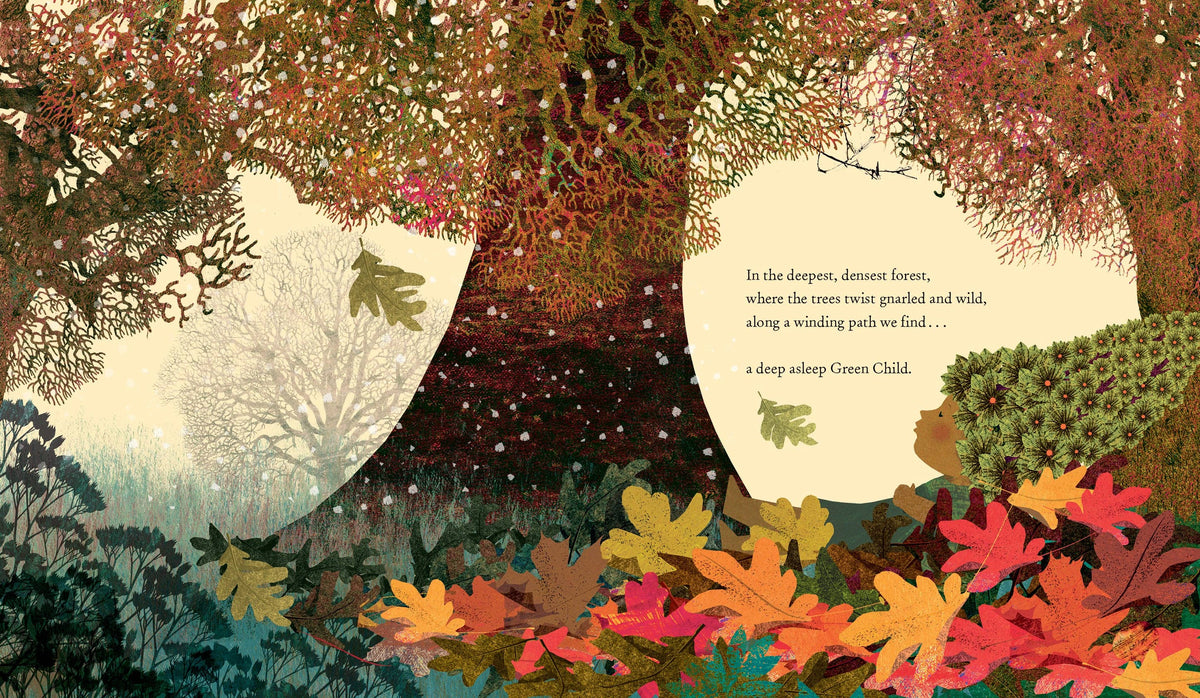 A square book illustration featuring a dense autumn forest scene with layered trees, colorful fall leaves, and two cream-colored circular text panels containing a poem and the lines 'a deep sleep Green Child.'.