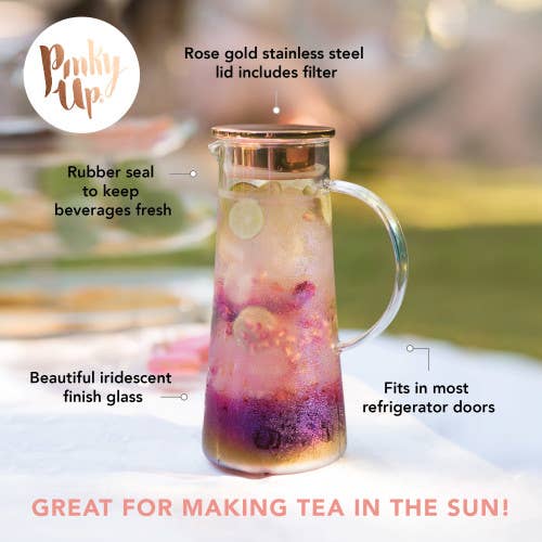 Pinky Up iridescent glass pitcher with rose gold filter lid & rubber seal, filled with sun tea. Fits fridge doors.