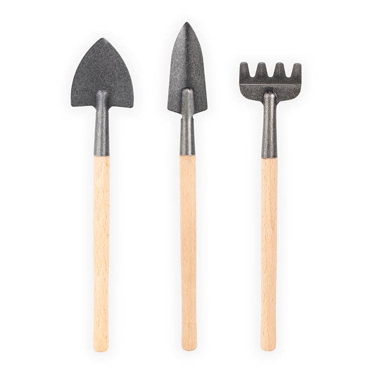 Gardening tools set including trowel, transplanter, and cultivator with wooden handles.