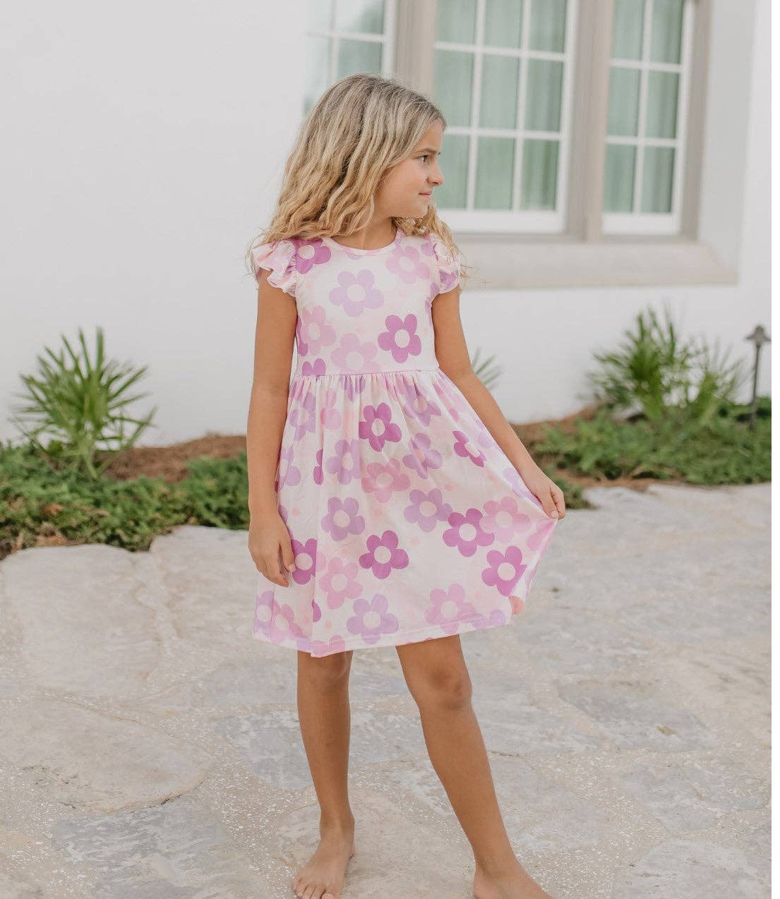 Girls Claire Lavender Retro Flower Spring Summer Twirl Dress - Foxy’s