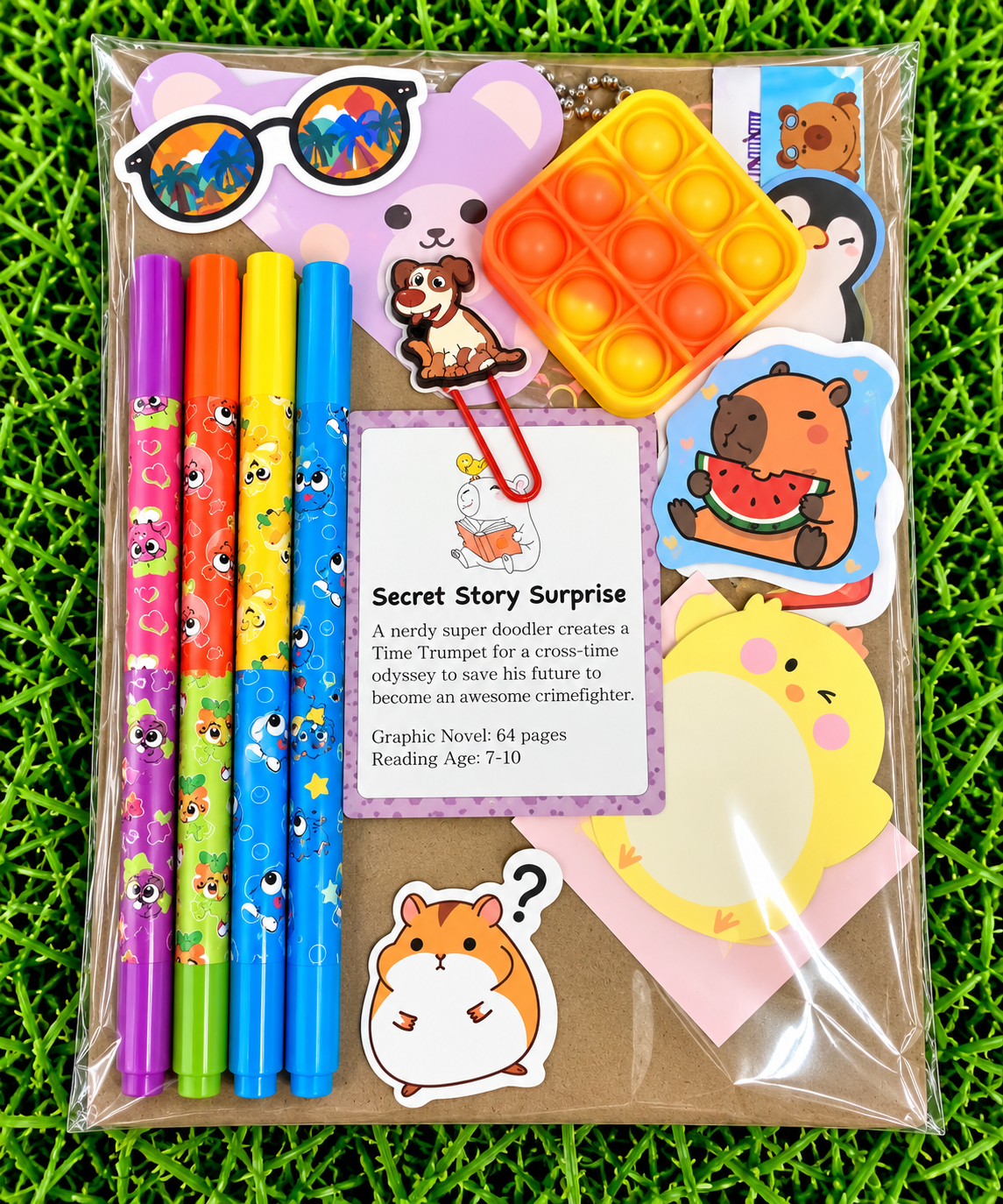 A packaged 'Secret Story Surprise' doodle kit containing four colorful pens, a pop-it toy, stickers, and a card, displayed on a green grass background.