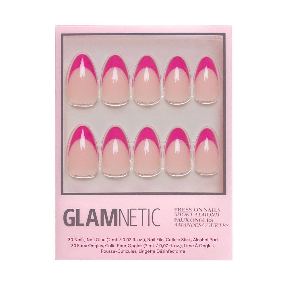 Glamnetic Short Almond press-on nails with pink tips, set of 30.