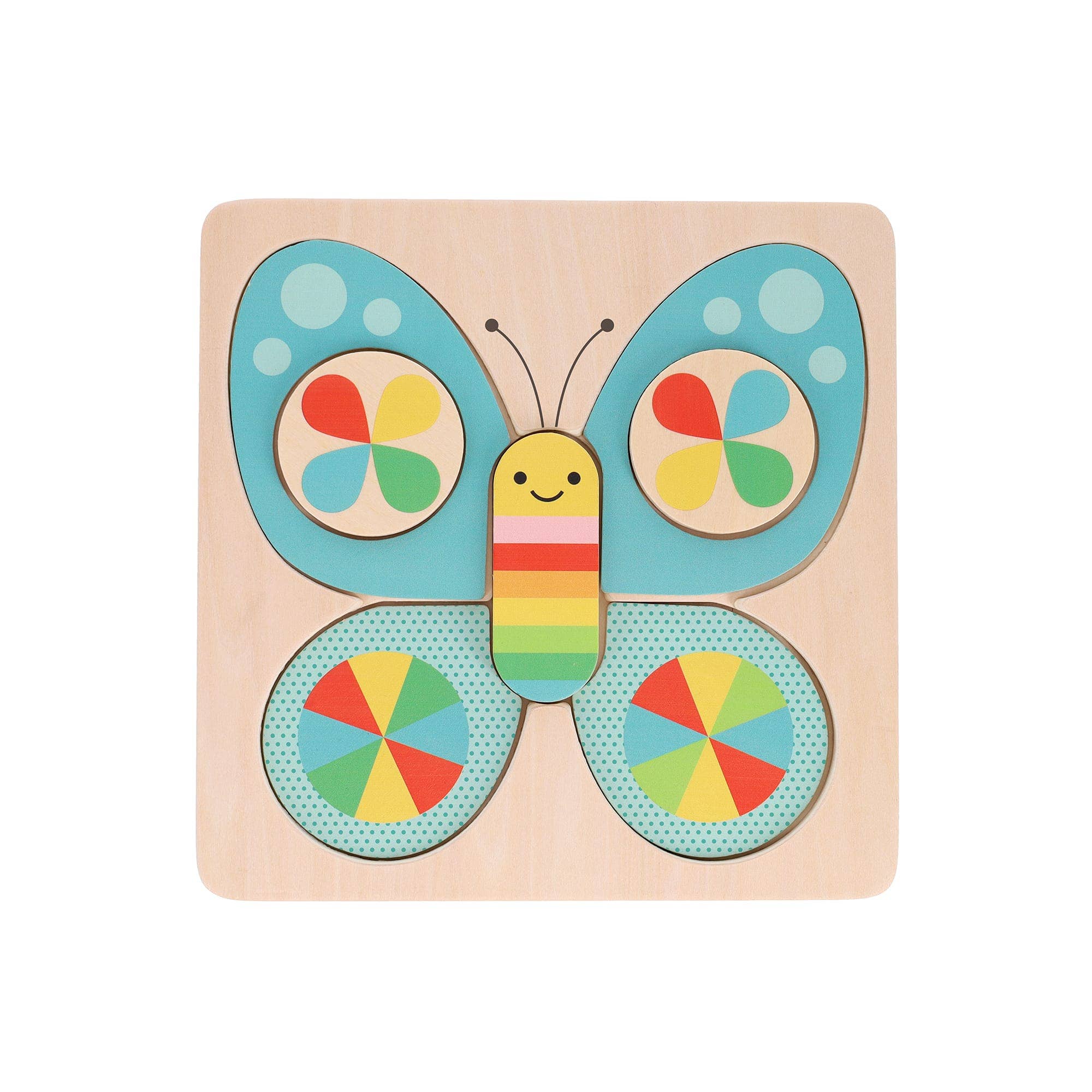 Wooden butterfly puzzle toy with colorful pieces. Educational toy for kids.