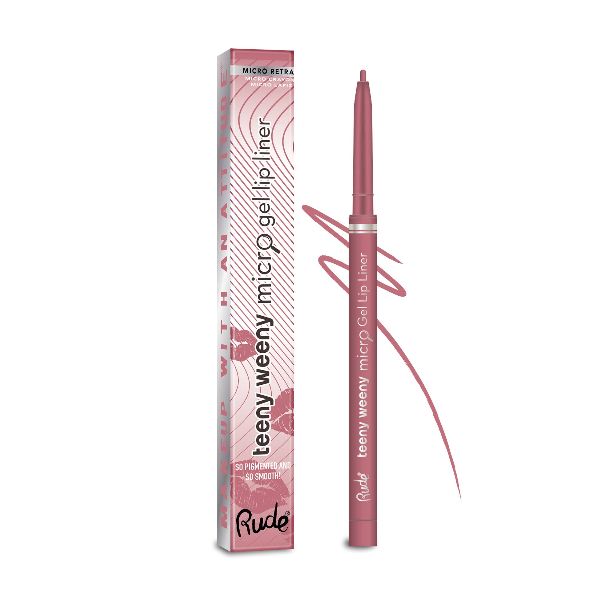 Rude teeny weeny micro gel lip liner with packaging on a white background