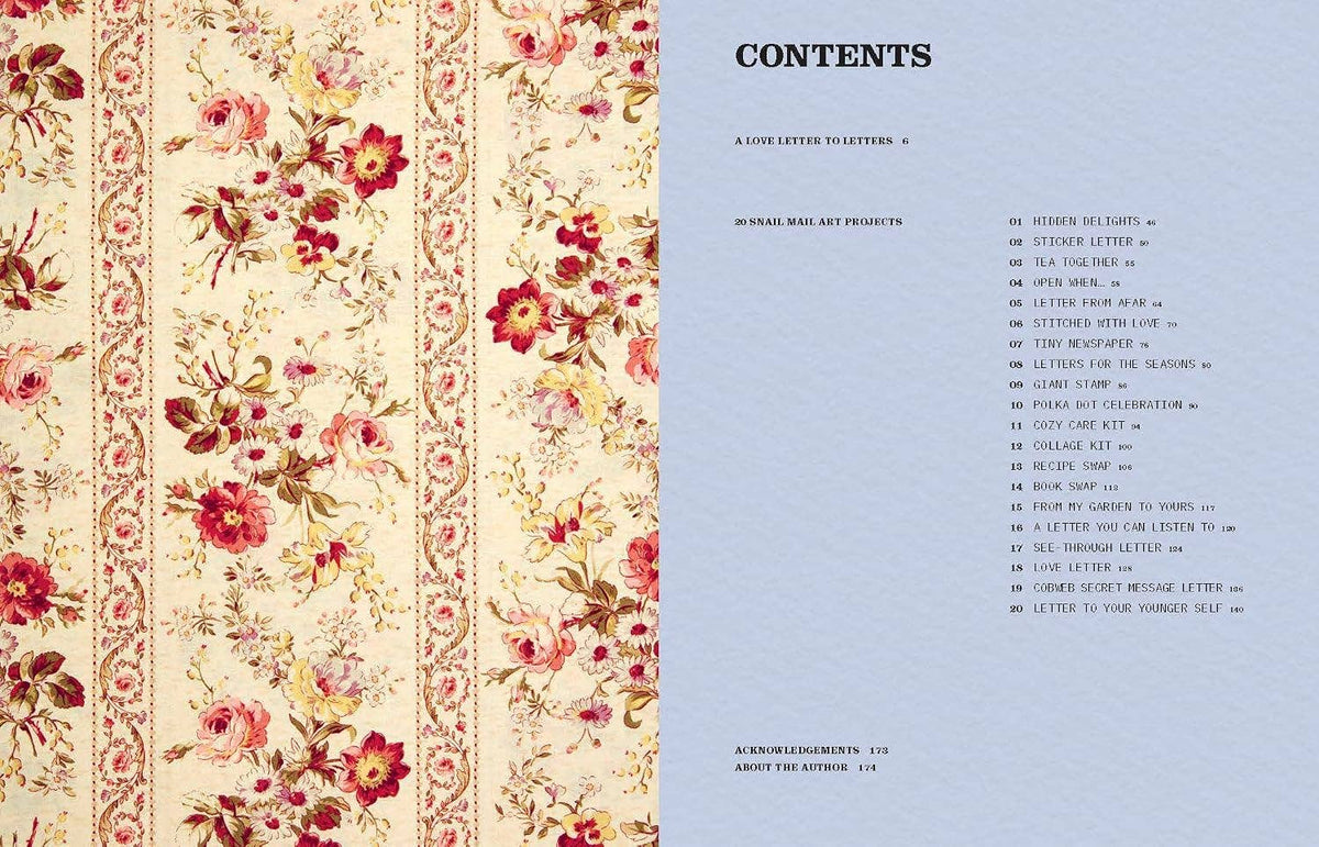 An open book or booklet spread showing a floral patterned left page with cream, pink, and red rose motifs and a blue right page headed 'CONTENTS' with a list of sections.