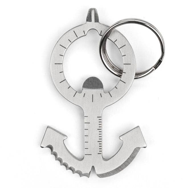 Silver anchor-shaped multi-tool keychain with ruler, bottle opener, and key ring.