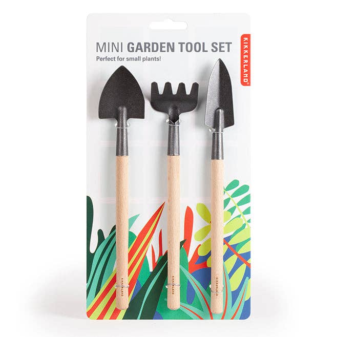 Kikkerland Mini Garden Tool Set includes a trowel, rake, and shovel with wooden handles.
