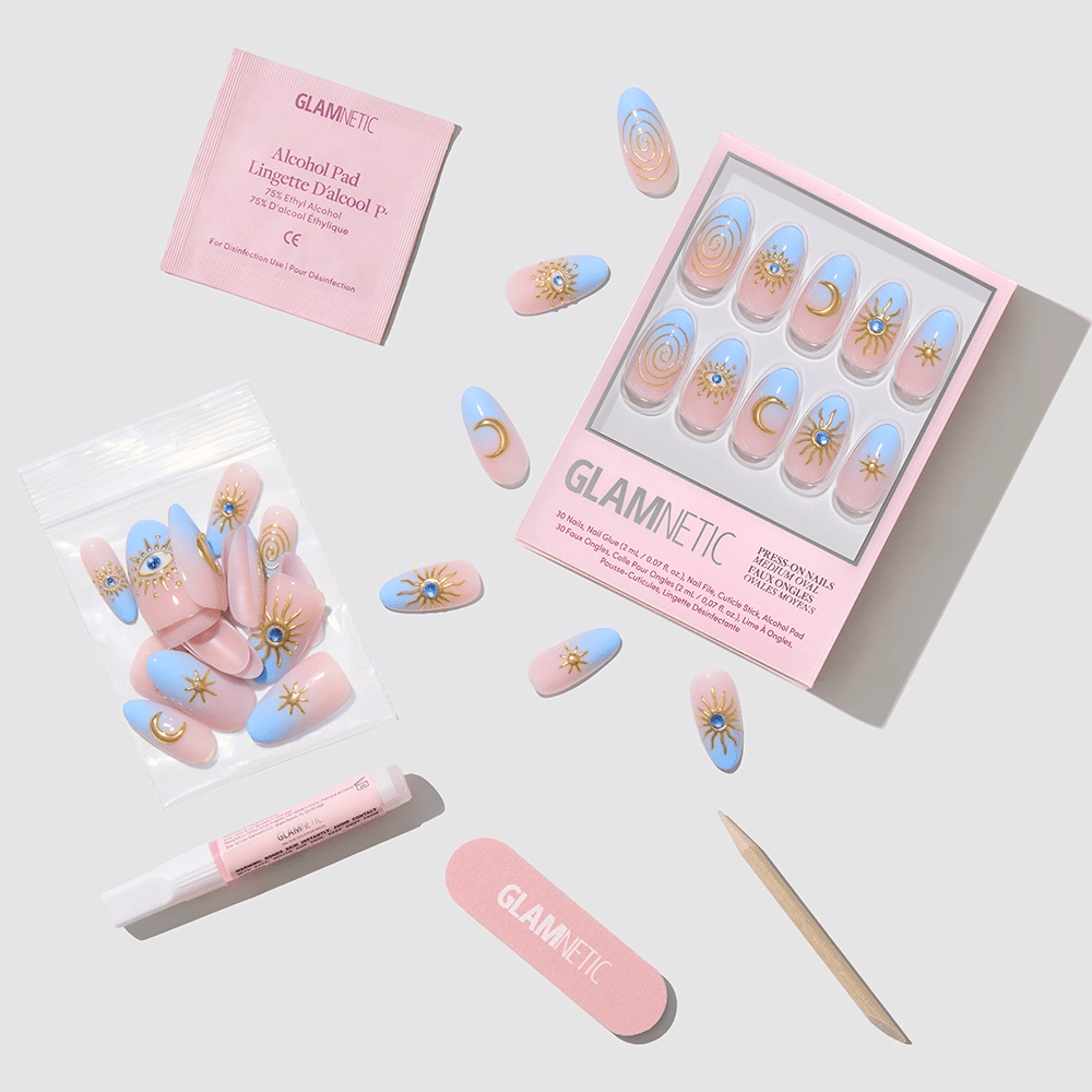 Spirited Sky Press-On Nails | Blue Gold Ombre Medium Oval - Foxy’s