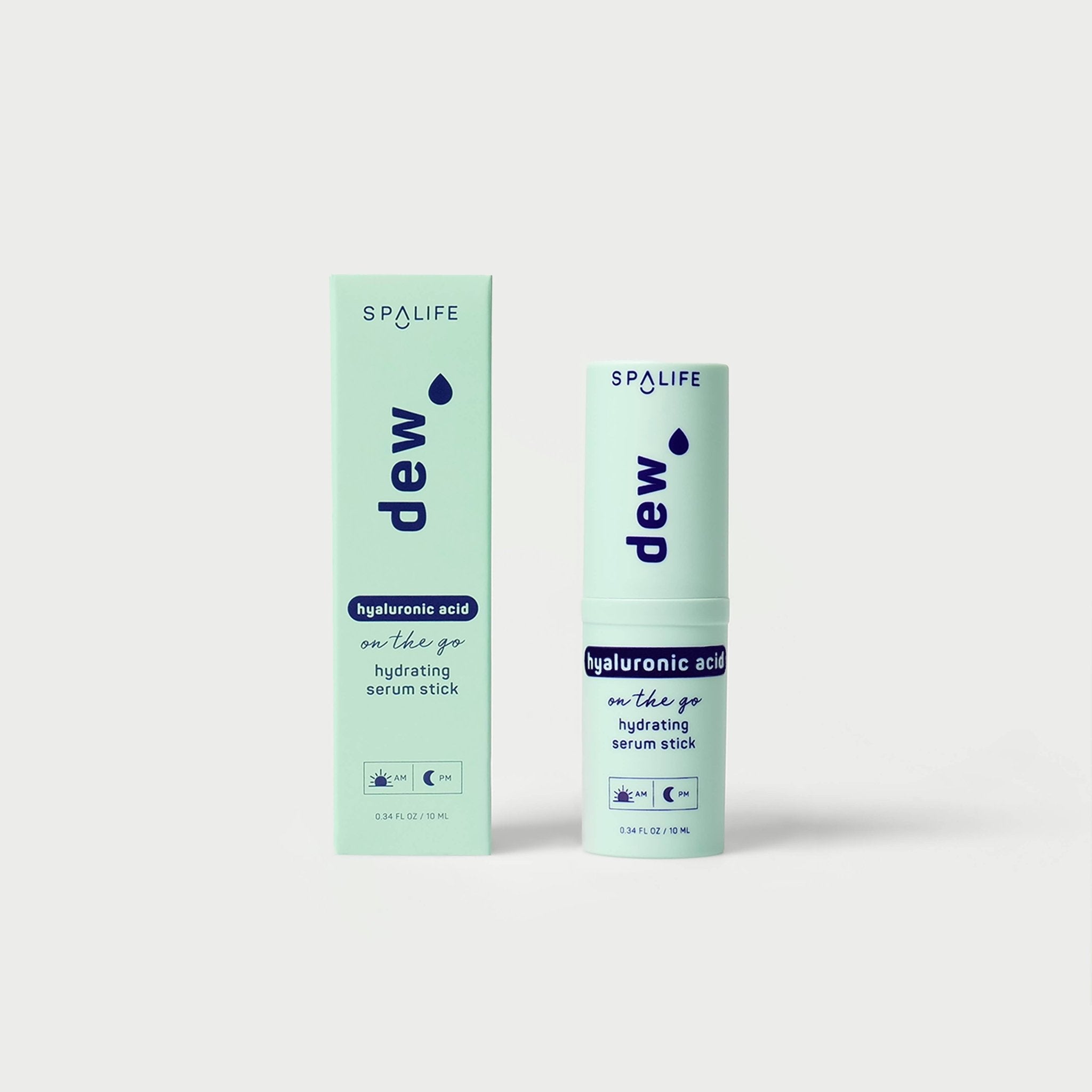 SpaLife Dew hyaluronic acid hydrating serum stick and box. On the go skincare, 0.34 fl oz.