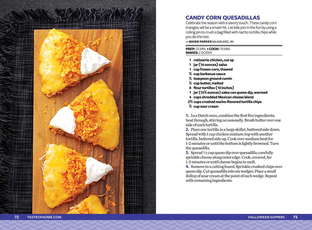 Candy corn quesadillas on a wooden board with a recipe card next to it.