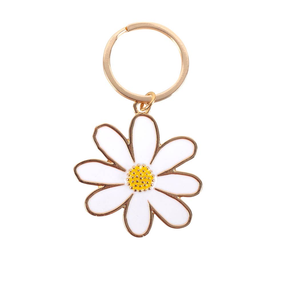 Daisy flower keychain with white petals and gold trim.