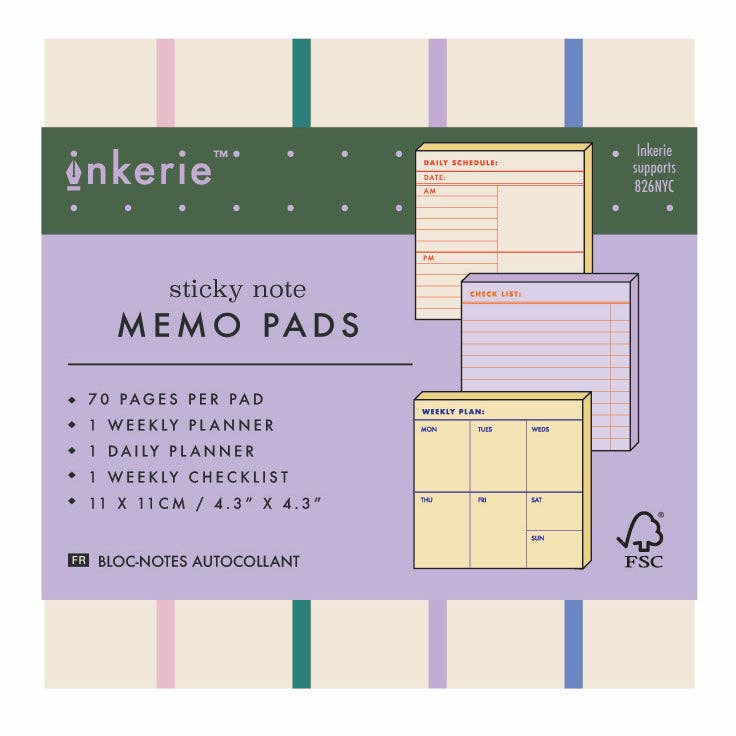 Inkerie sticky note memo pads: 70 pages, weekly, daily planner, checklist. 11 x 11 cm.