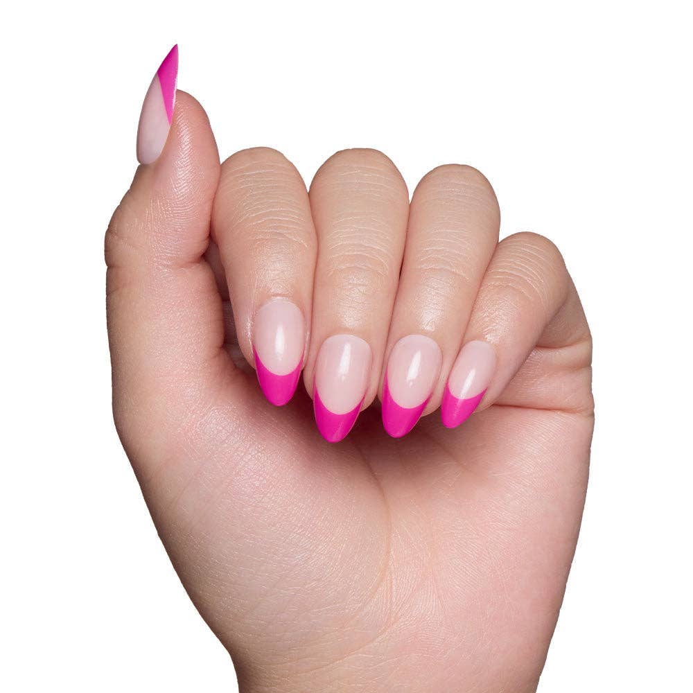 Hand with almond-shaped nails featuring a pink French tip design.
