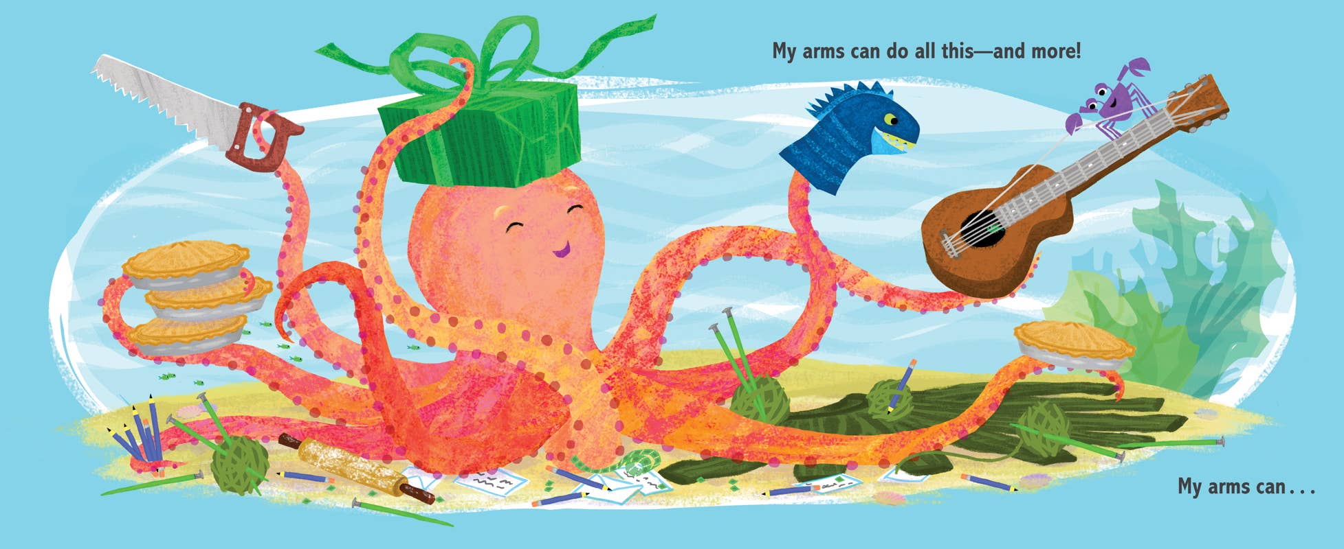 Illustration of a colorful octopus playing music on a blue background