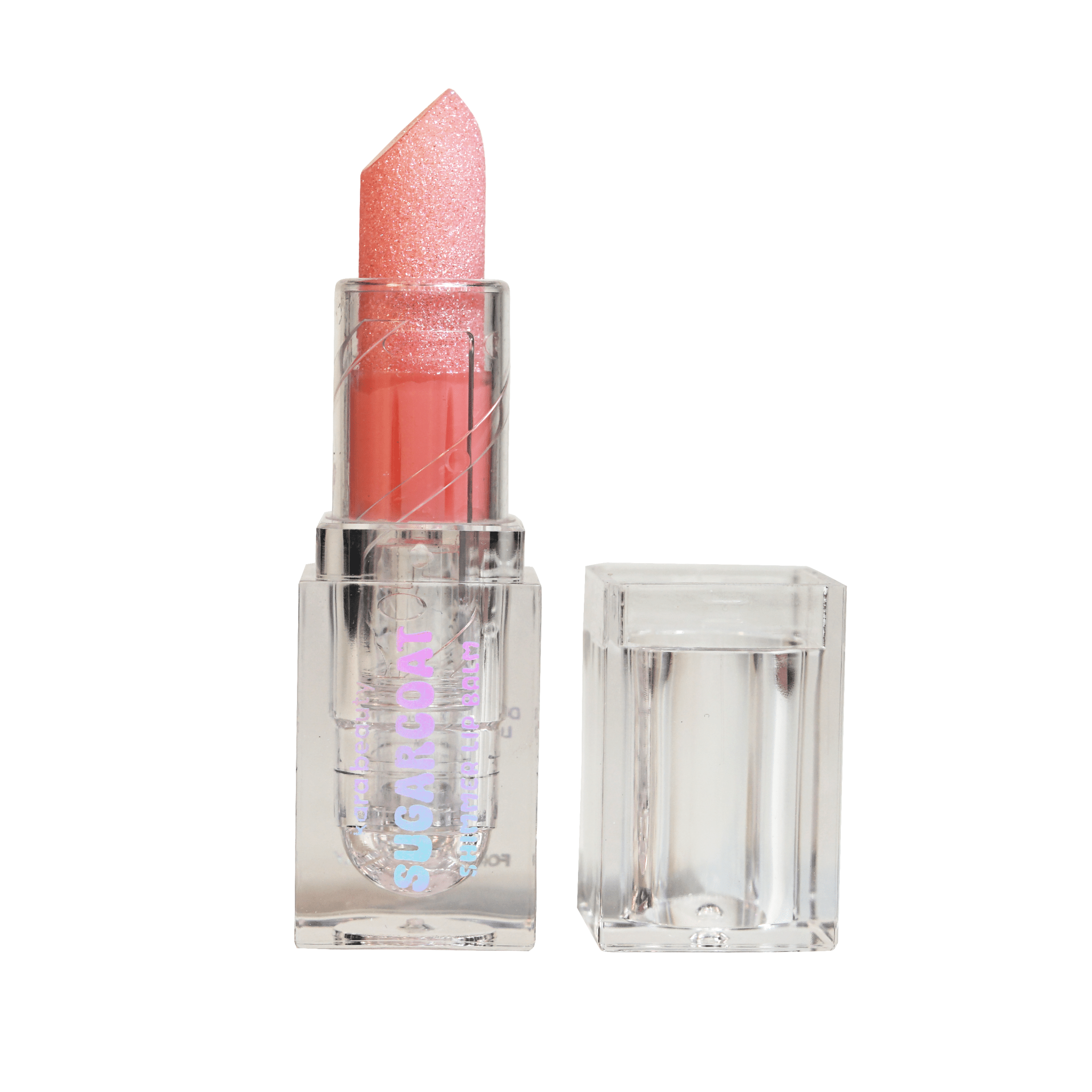 Sugarcøat Peach Perfect Lip Rally lipstick with clear case and cap. Glittery, peachy-pink hue.