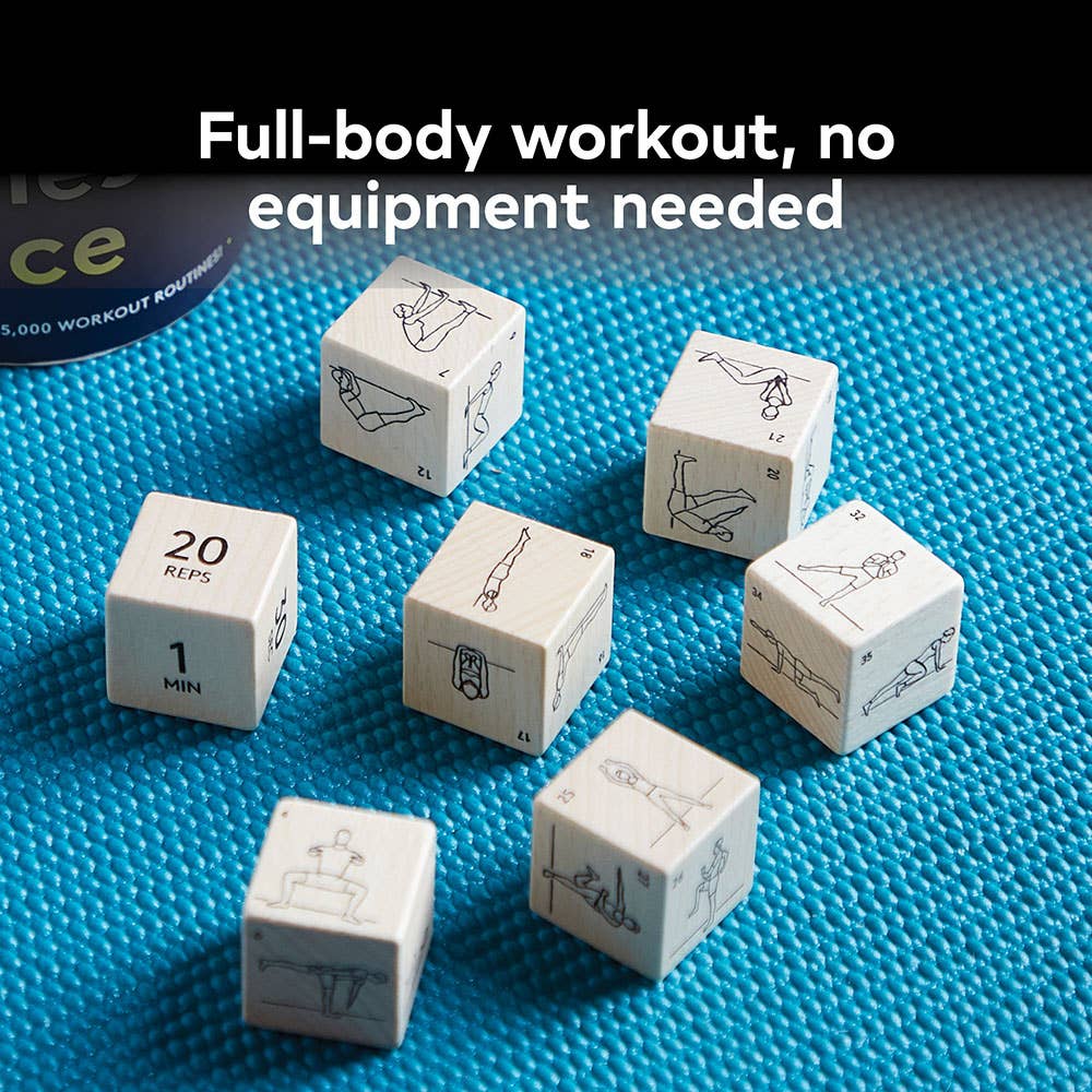 White cubes with exercise instructions on a blue mat, promoting full-body workouts without equipment.