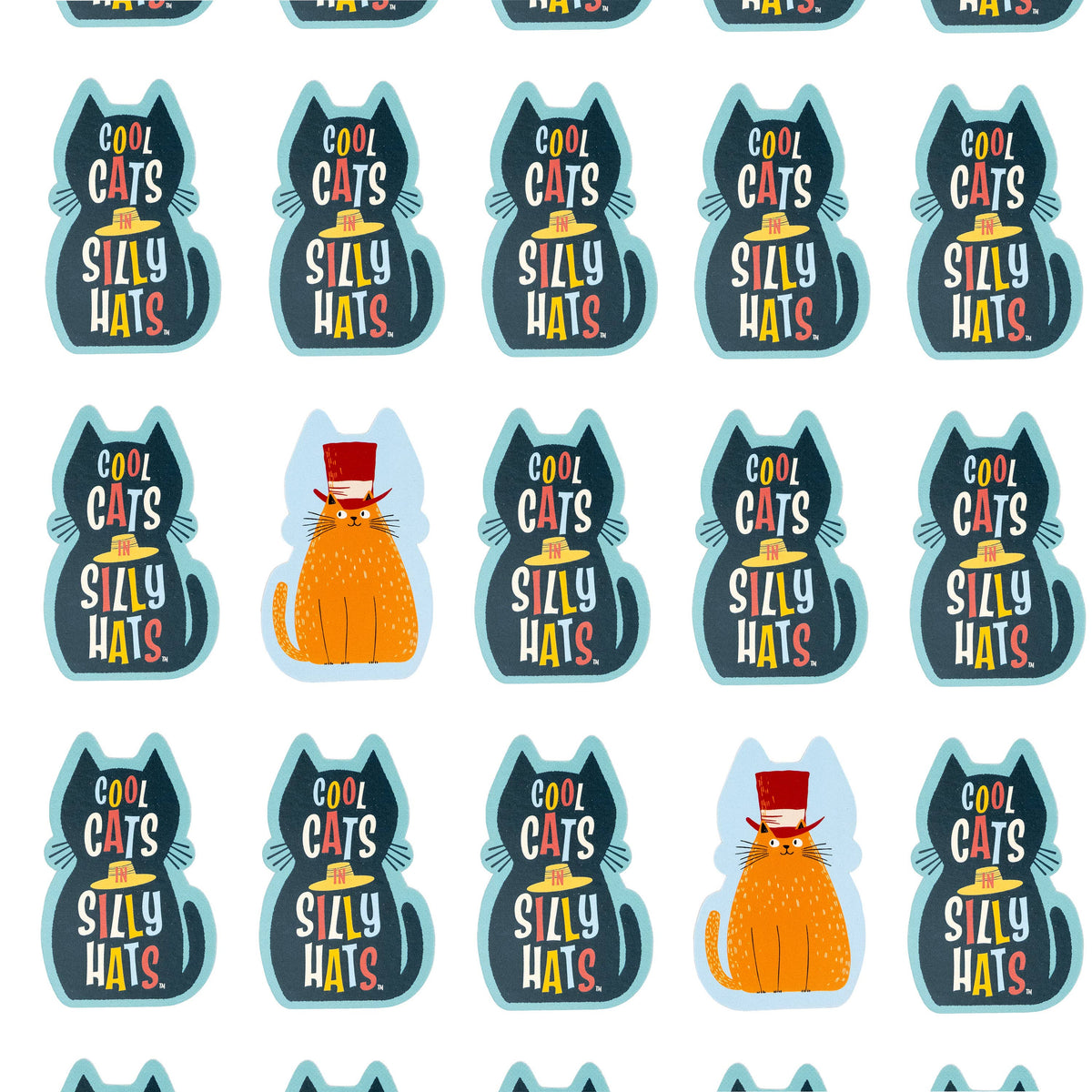 Pattern of 'Cool Cats, Silly Hats' stickers with a cat wearing a hat on a white background.