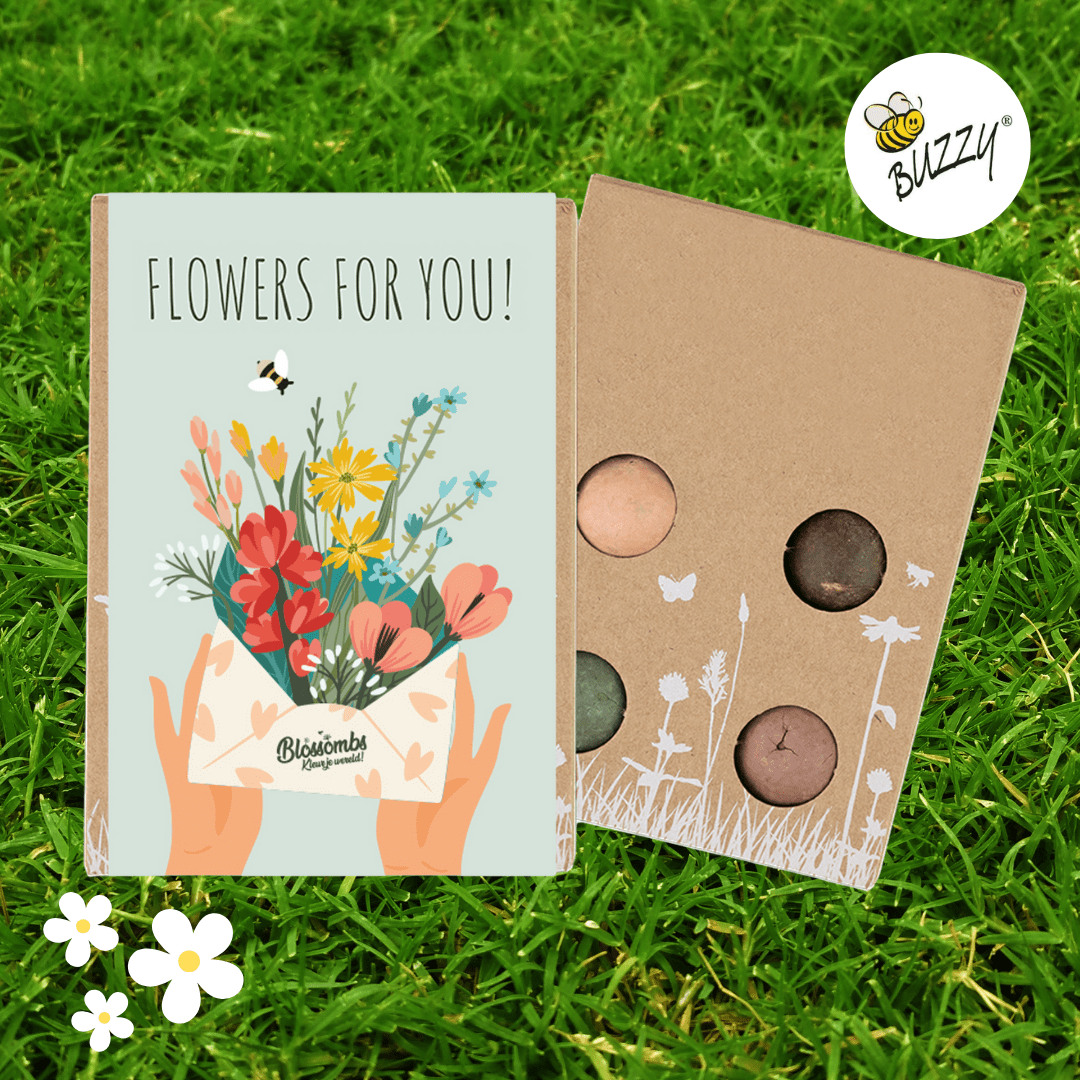 Buzzy Blossbombs 'Flowers For You' gift set with seed bombs and floral card on green grass.