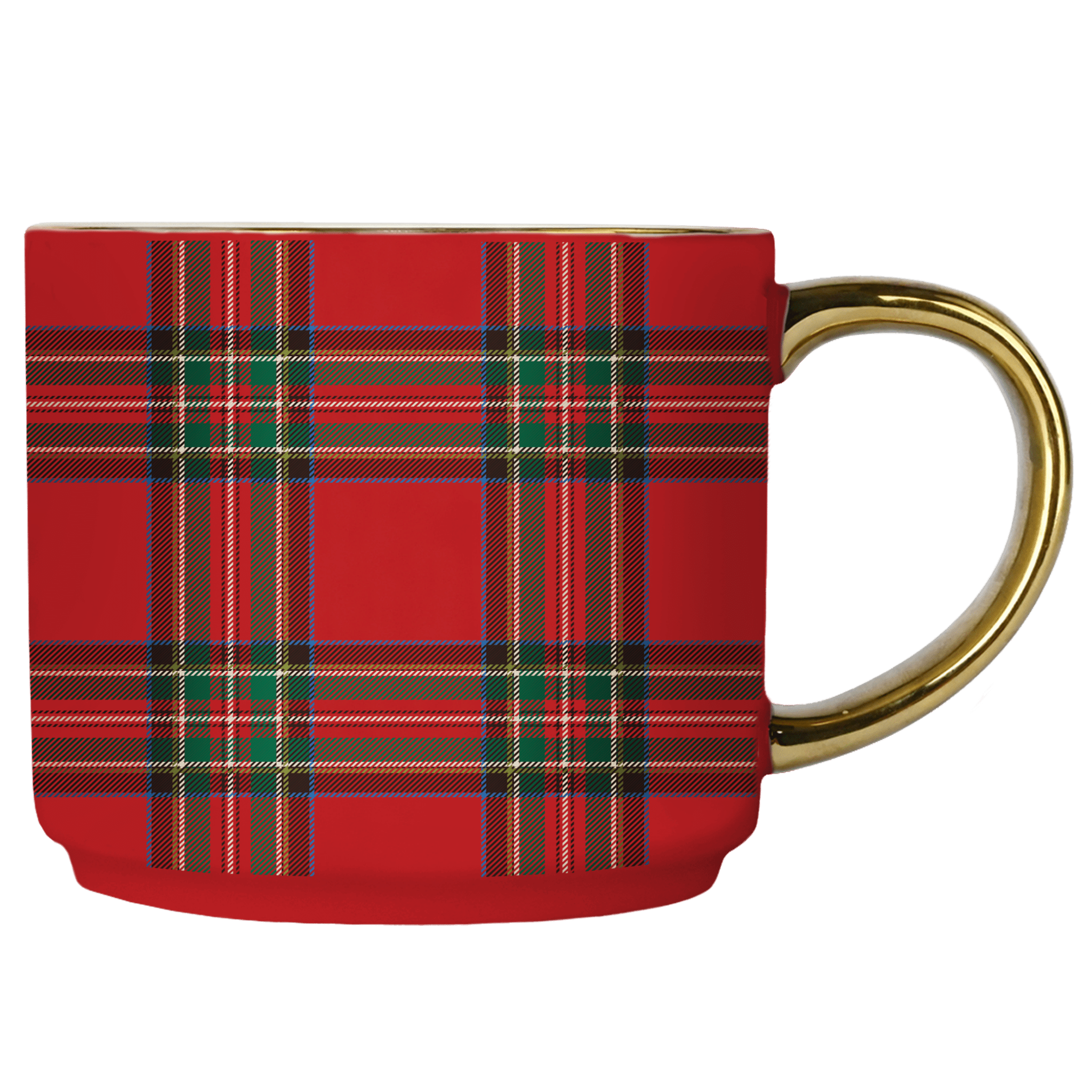 Red plaid mug with a gold handle on a transparent background