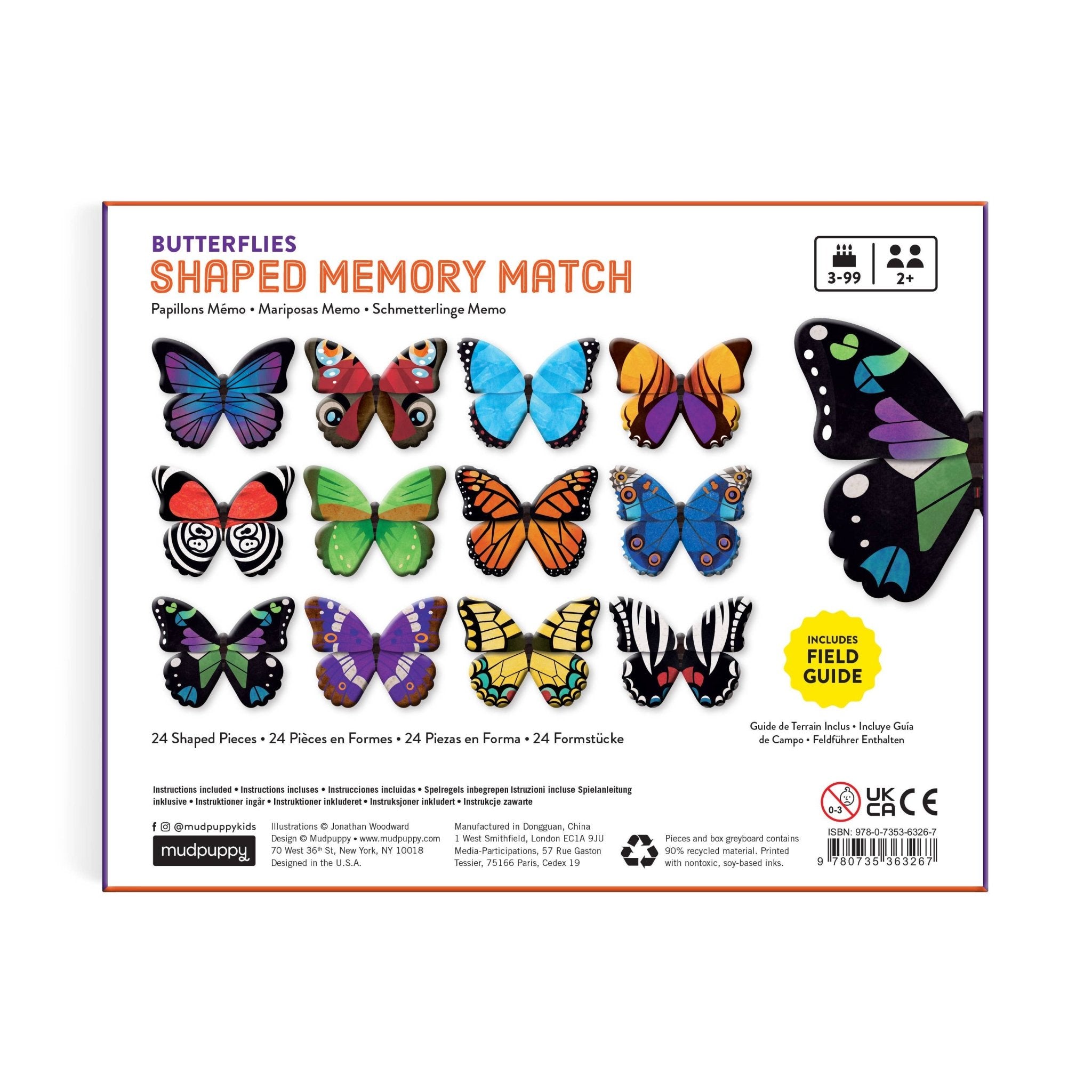 Mudpuppy Butterflies Shaped Memory Match game featuring 24 colorful butterfly pieces. For ages 3-99, 2+ players. Includes field guide.