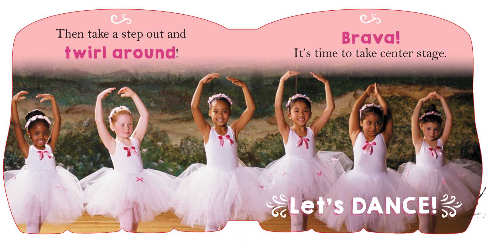 Six young ballerinas in white tutus, pink bows & headbands, posing in ballet class.