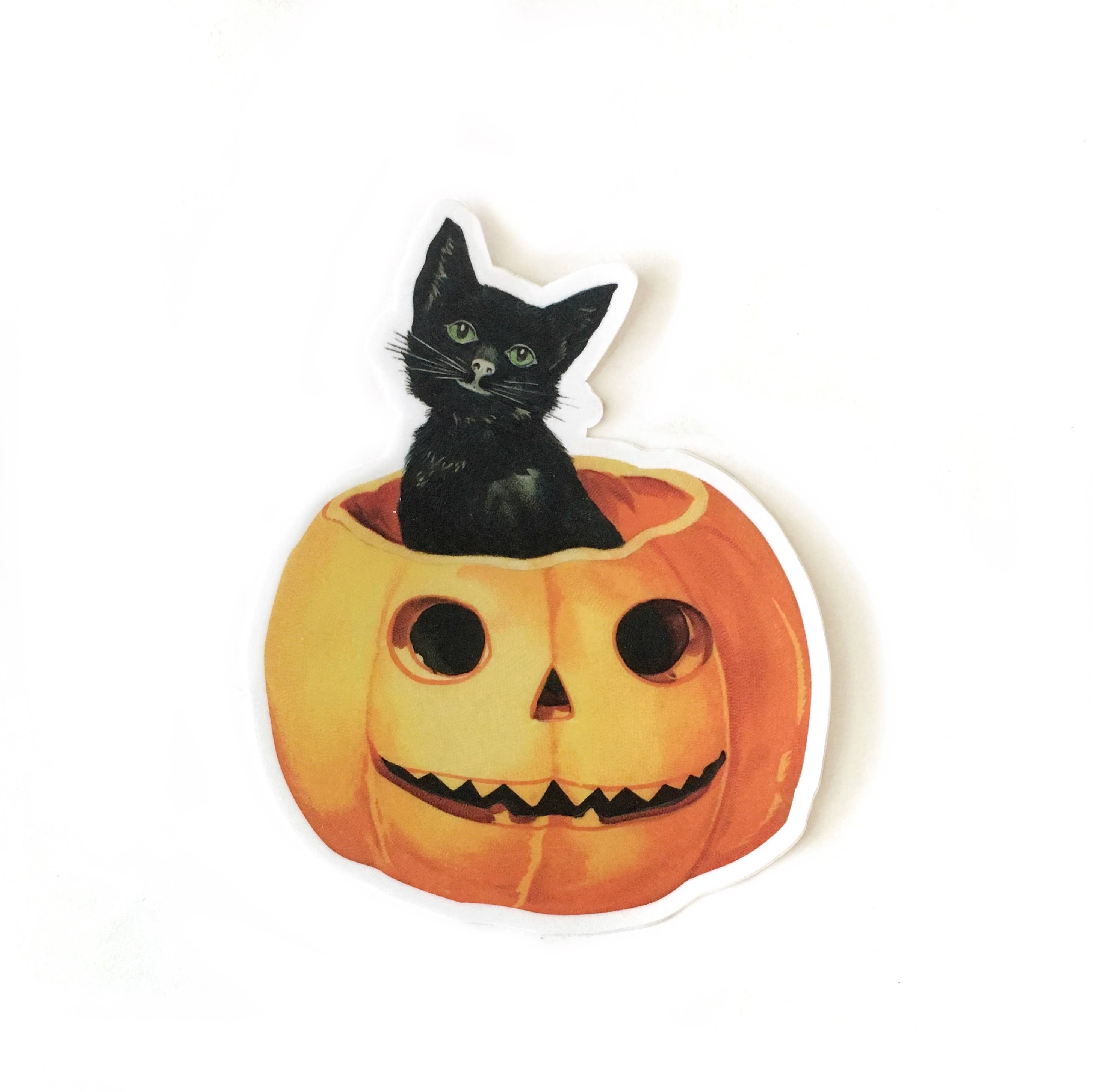 Pumpkin with Black Cat Sticker - Vintage Halloween