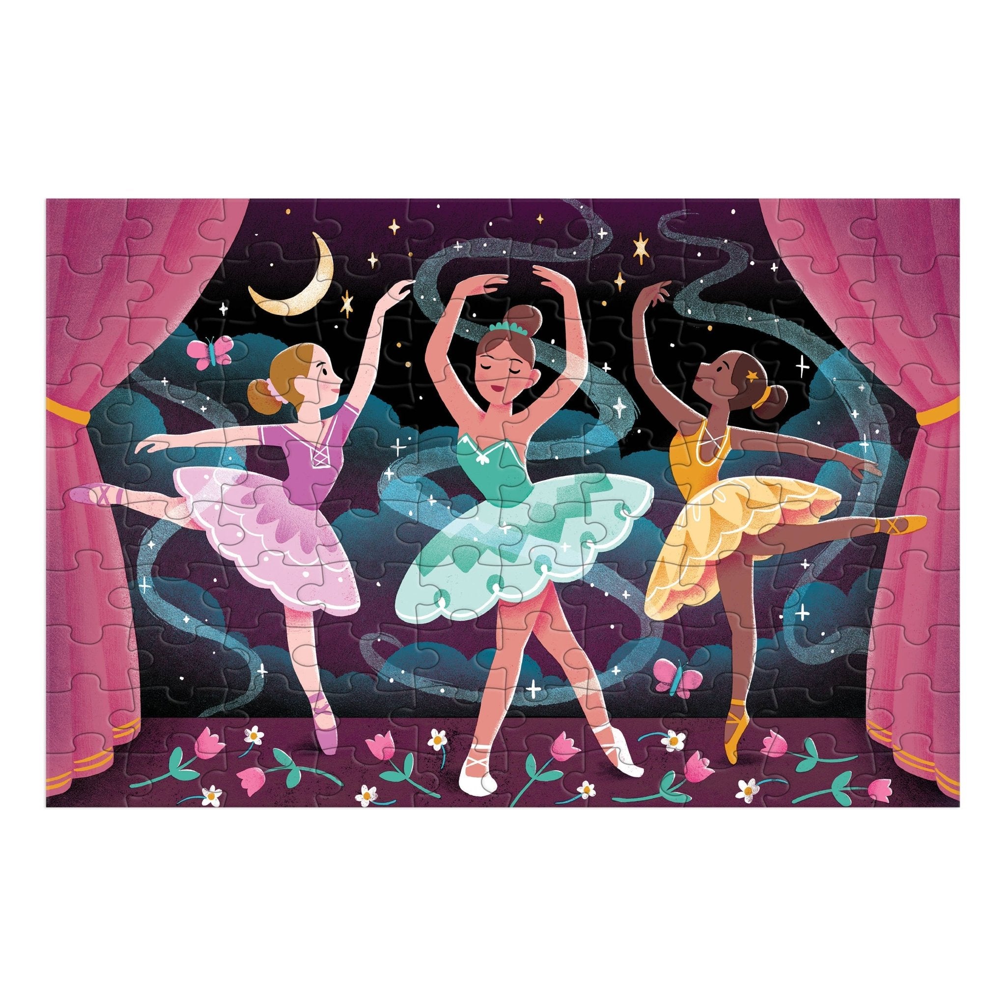 Jigsaw puzzle with three ballerinas in colorful tutus against a starry night sky.