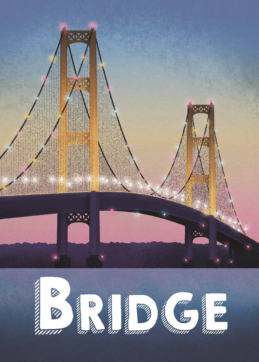 Illustration of the Mackinac Bridge at dusk, adorned with festive lights.