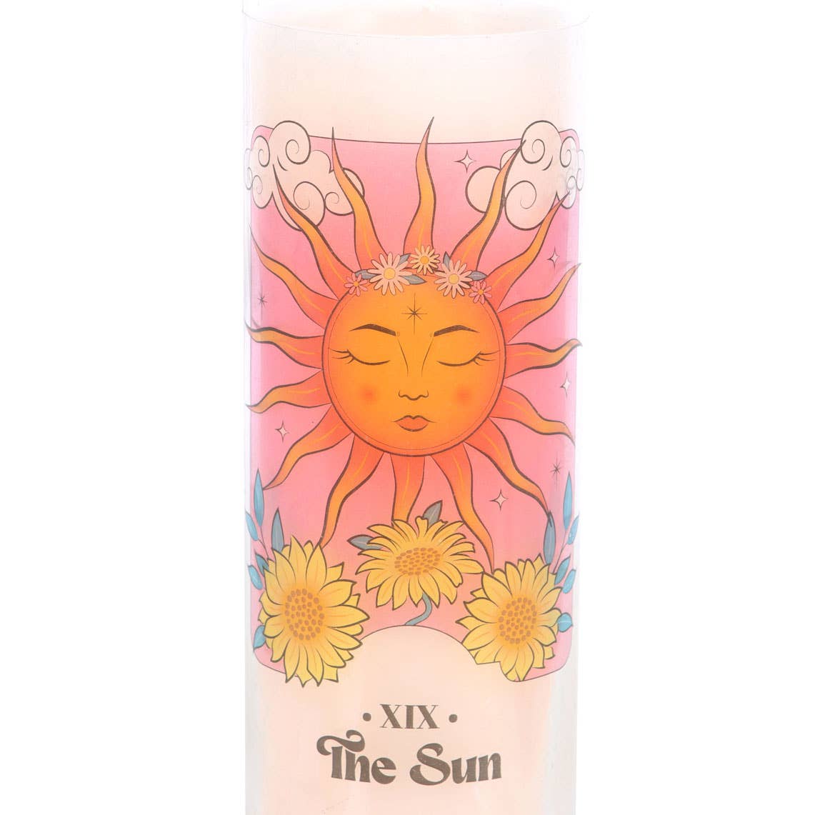 The Sun Tarot Card Candle, featuring a sun graphic with sunflowers on a glass jar.