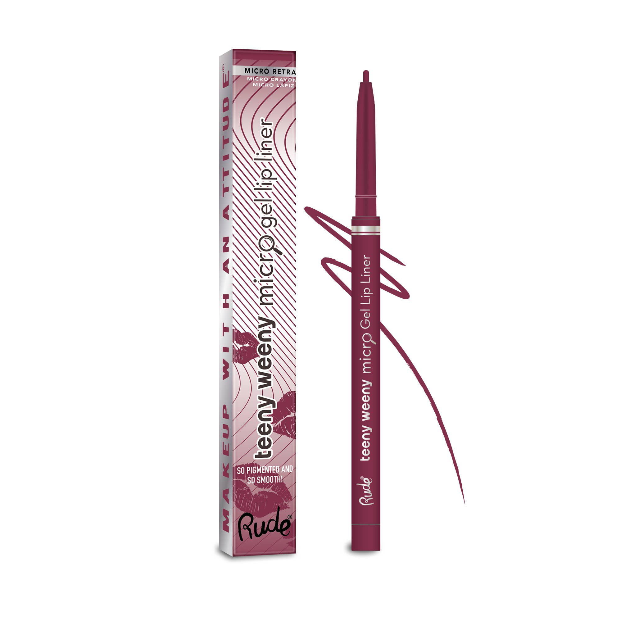 Rude teeny weeny micro gel lip liner with packaging on a white background